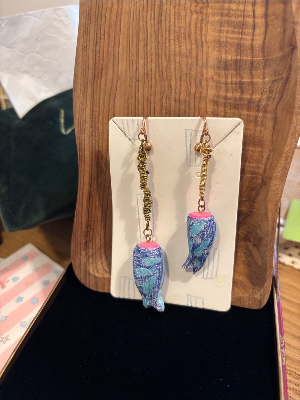 Handmade Blue-Pink Marbled Fish Dangle Earrings